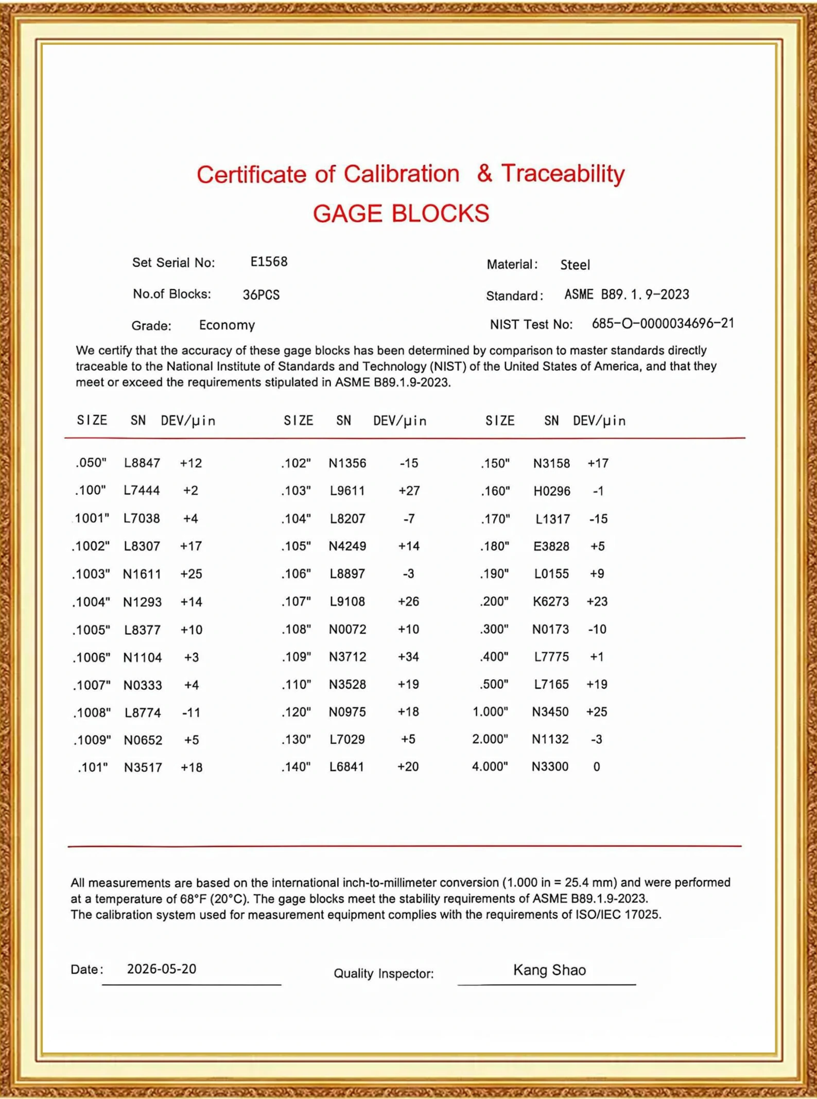 Gauge Block Calibration Report